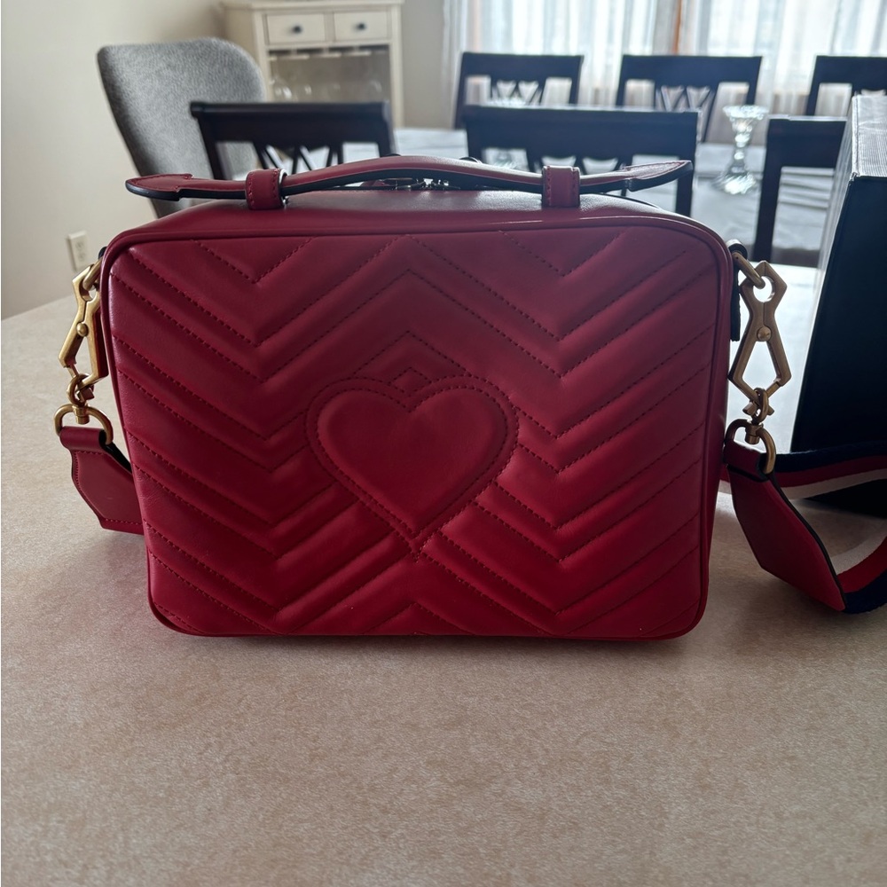 Gucci Red Leather Marmont Crossbody Bag W Top Handle - Picture 2 of 5